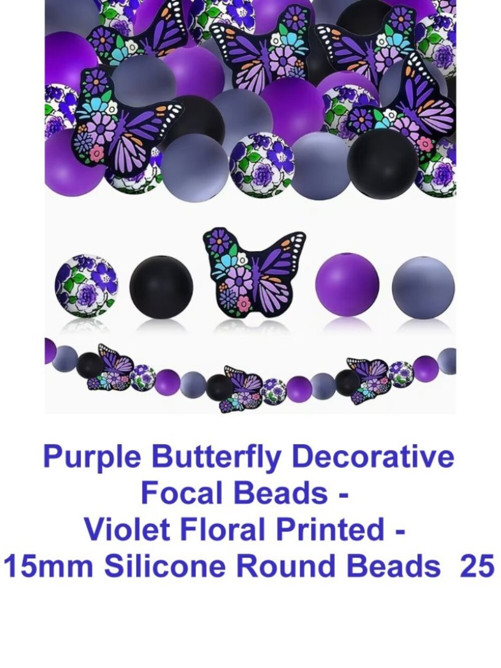 Purple Butterfly Decorative Focal Beads - Violet Floral Printed - 15mm -25 Beads